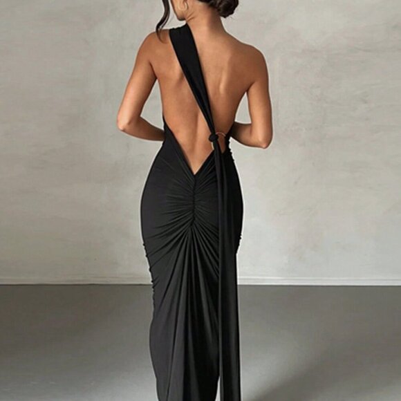 Black Sexy Women's Ring Linked Ruched Backless Dress - Picture 3 of 4